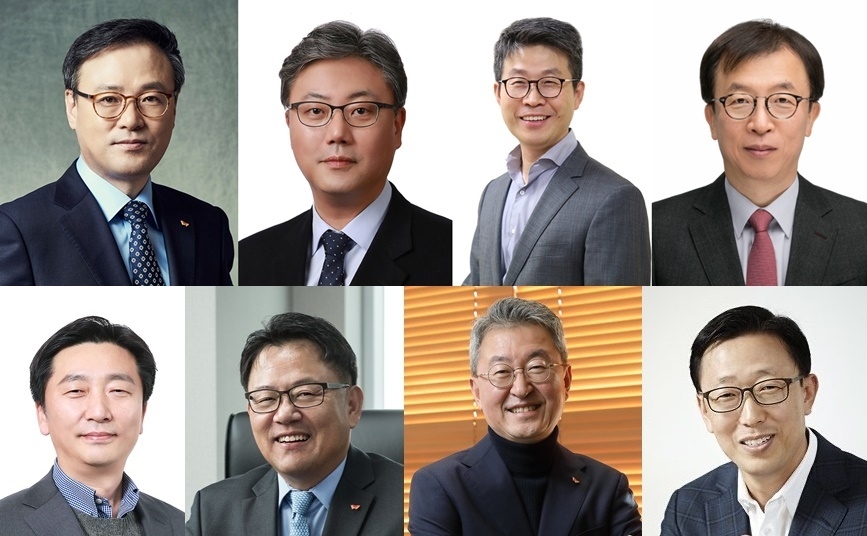 (왼쪽 위부터)장동현 SK(주) 장동현 사장, 박성하 SK 주식회사 C&C 사장, 최진환 SKB 사장, 차규탁 SK루브리컨츠 사장, 이용욱 SK머티리얼즈 사장, 조정우 SK바이오팜 사장, 진교원 SK하이닉스 사장, 진정훈 SK하이닉스 사장. (사진=SK)