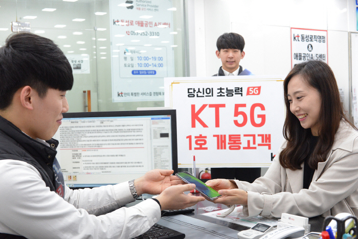 KT 1호 가입자 이지은씨가 대구 동성로 직영점에서 세계 첫 5G 스마트폰인 `갤럭시S10 5G`을 개통하고 있다. (사진=KT)