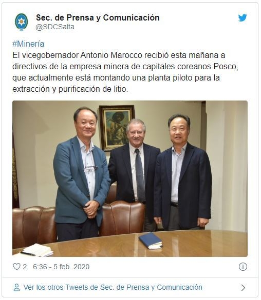 안토니오 마로코 아르헨티나 살타 주정부 부지사(가운데)는 지난 5일(현지시간) 포스코 경영진과 만나 살타 리튬공장 추가 투자를 논의했다. (사진=살타 주정부 공식 트위터)