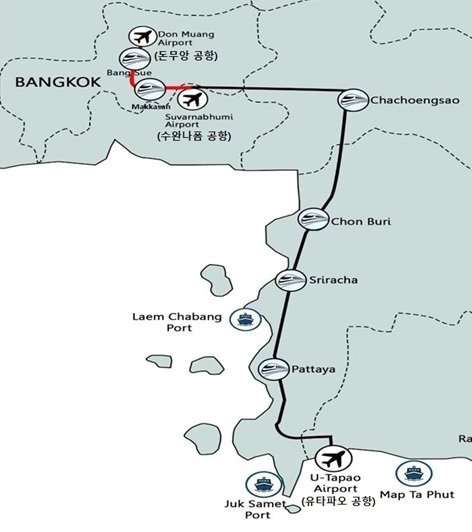 태국 3개 공항 연결 고속철도 노선도. (자료=철도공단)