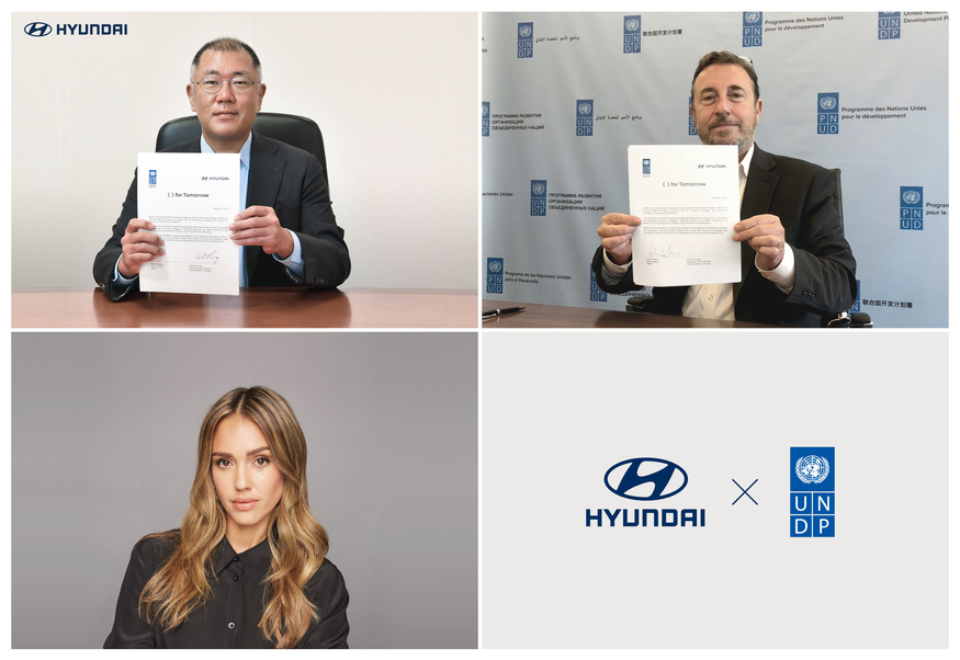 정의선 현대차 수석부회장과 아킴 스타이너 UNDP 사무총장이 ‘내일을 위해(For Tomorrow) 파트너십을 체결했다. 현대차와 UNDP의 협업 심벌과 이번 프로젝트 홍보대사인 헐리우드 스타 제시카 알바. (왼쪽 상단부터 시계방향). (사진=UNDP)