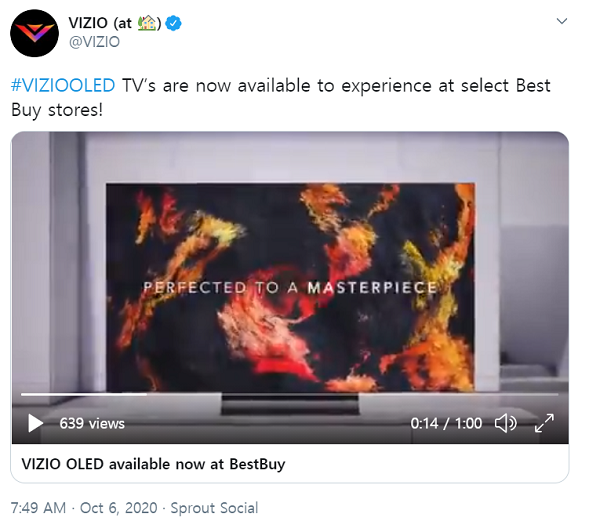 비지오가 트위터 계정을 통해 OLED TV 출시를 알렸다. (사진=트위터)