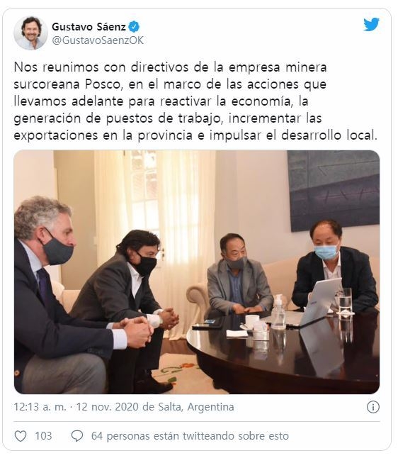 구스타보 사엔스(Gustavo Sáenz) 아르헨티나 살타주 주지사와 포스코 아르헨티나법인 경영진이 만나 리튬 개발사업에 대해 논의했다. (사진=구스타보 사엔스 주지사 트위터)
