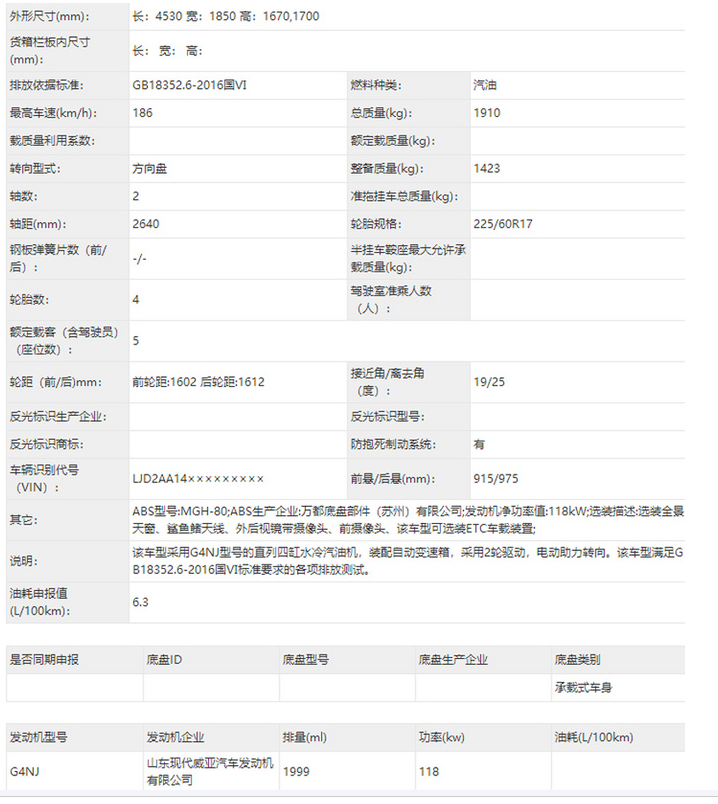 중국에 출시되는 신형 스포티지 제원. (사진=중국 산업정보화부)