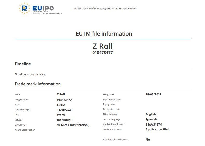 Z 롤 상표등록 내용. (사진=EUIPO)