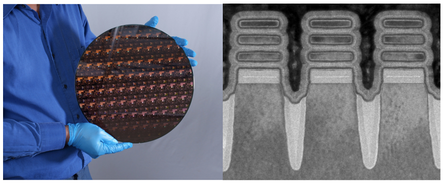 미국 IBM이 개발한 2nm 반도체칩 웨이퍼(왼쪽)오 전자현미경으로 촬영한 2nm 시트 장치의 단면도. (사진=IBM)