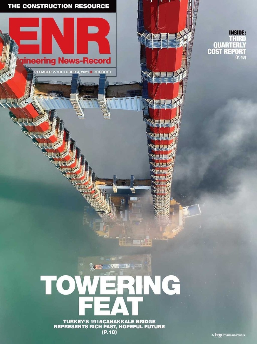 글로벌 건설 전문지 ENR(Engineering News-Record)은 지난주 발행한 최근호에 L이앤씨와 SK에코플랜트(옛 SK건설)가 짓고 있는 세계에서 가장 긴 현수교인 터키 차나칼레대교 특집을 게재했다. (사진=ENR 홈페이지)