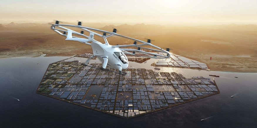 볼로콥터(Volocopter)가 사우디아라비아 미래형 신도시 네옴에서 맞춤형 전기 수직 이착륙장치(eVTOL)룰 서비스한다. (사진=볼로콥터)