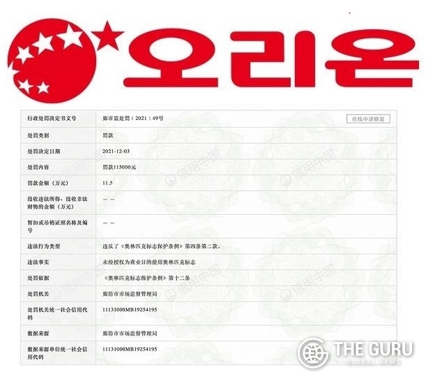 오리온 기업이미지(CI)와 중국 당국이 발급한 벌금 부과 행정 명령서. (사진=허베이성 랑팡 시장관리감독국)