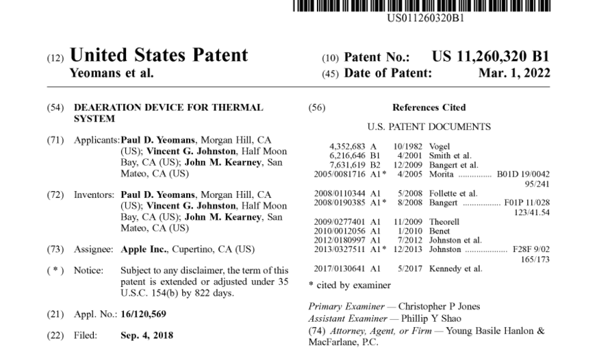 애플은 지난 1일 미국 특허청(USPTO)에 냉각 시스템에 대한 특허를 등록했다. (사진=USPTO)