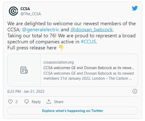 두산밥콕이 영국 탄소포집·저장 협회(CCSA)에 가입했다. (사진=CCSA 트위터)