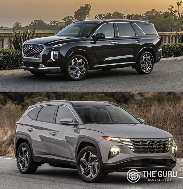 현대차 준대형 SUV 모델 '팰리세이드'(위)와 준중형 SUV 모델 '투싼'.