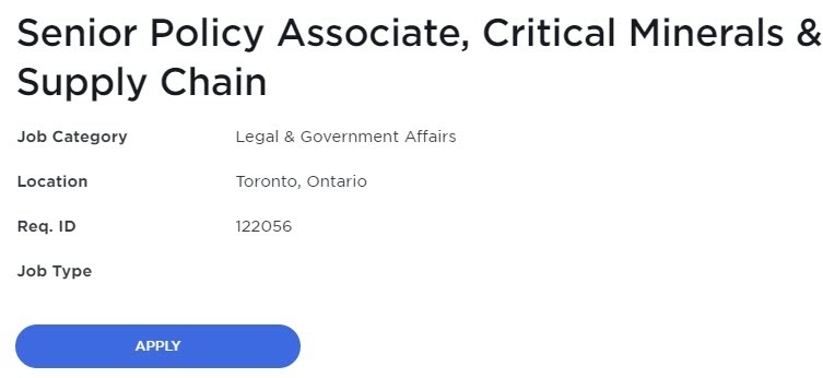 테슬라가 최근에 낸 주요 광물·공급망 정책 관련 SA(Senior Associate) 채용 공고. (사진=테슬라)