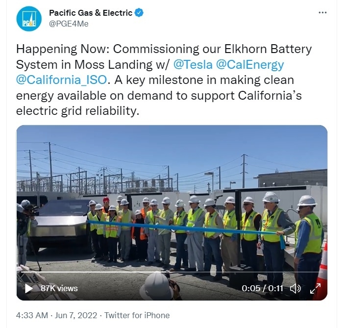미국 전력회사 퍼시픽가스앤드일렉트릭(PG&E)은 지난 7일 트위터에 사이버트럭 시제품 영상을 올렸다.