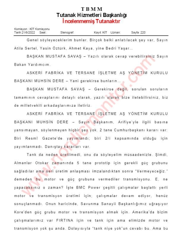 터키 대국민의회 일부 속기록. 