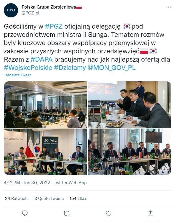 한국 대표단은 지난달 30일(현지시간) 폴란드 국영방산업체 PGZ그룹을 찾아 폴란드군에 대한 군사 무기 수출을 제안하고 한국과 폴란드 간 미래 합작 투자 분야를 논의했다. (사진=PGZ 트위터)