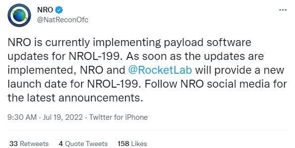 NRO가 공식 트위터를 통해 NROL-199 위성 발사 지연을 알렸다. (사진=NRO 공식 트위터)