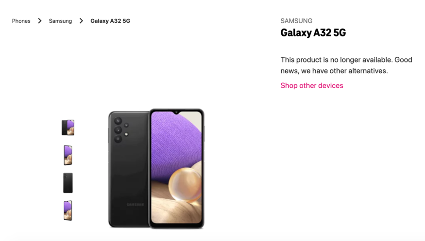 미국 주요 통신사 티모빌(T-Mobile) 홈페이지에서 삼성전자 갤럭시 A32 제품 판매가 일시 중단됐다. A33 출시를 앞두고 재고 정리 등을 위해서다. (사진=티모빌)