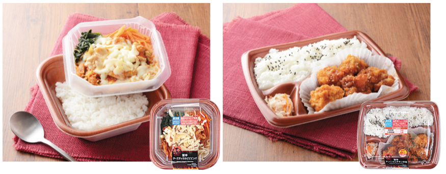 로손이 출시한 우마카라 치즈닭갈비 비빔밥(좌)과 우마카라 양념치킨도시락(우) (사진=로손 홈페이지)