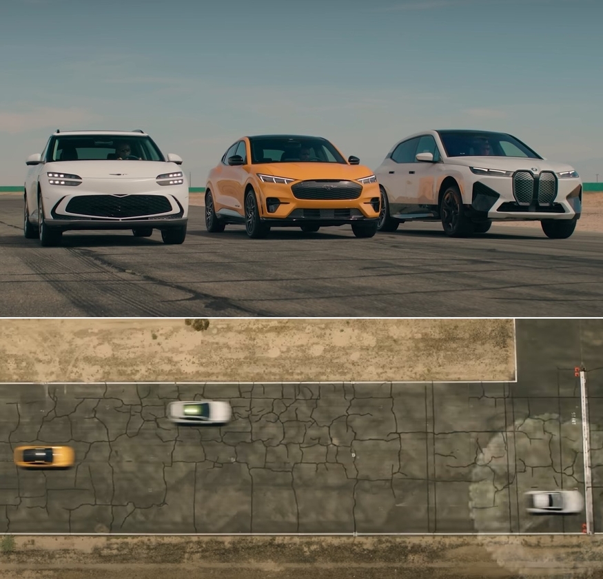 제네시스 GV60이 경쟁 모델인 BMW iX와 포드 머스탱 마하-E GT와의 드레그 레이싱 대결에서 압도적인 차이로 1위를 차지했다. (사진=영상 캡쳐)