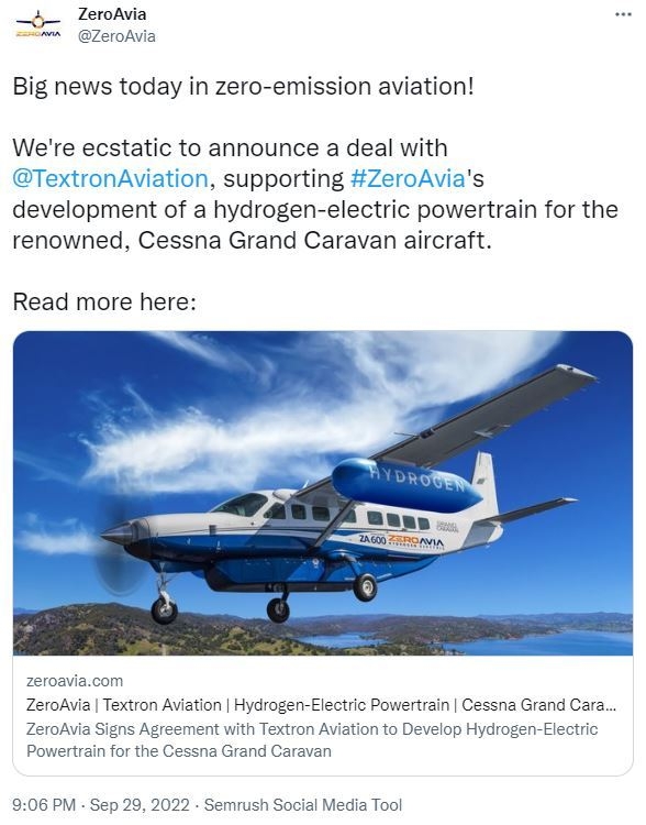 제로아비아(ZeroAvia)는 세스나그랜드 카라반(Cessna Grand aravan)을 위한 수소-전기 파워트레인 개발한다. (사진=제로아비아 트위터)