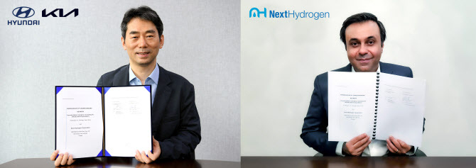 현대차·기아가 넥스트하이드로젠과 ‘그린 수소 생산을 위한 수전해 시스템 공동 개발 및 사업화 업무협약(MOU)’을 체결한 지 1년여 만에 그린 수소 생산을 위한 수전해 시스템 모듈 공급 계약을 체결했다. 사진은 MOU 체결 당시 모습. (사진=현대차)