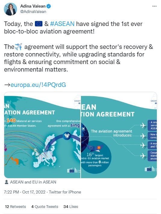 아디나 발린 EU 교통담당 집행위원은 유럽연합(EU)과 동남아시아국가연합(ASEAN) 간 두 지역 항공 연결을 복구하고 확장하기 위한 새로운 항공 운송 협정을 체결했다고 밝혔다. (사진=아디나 발린 트위터)