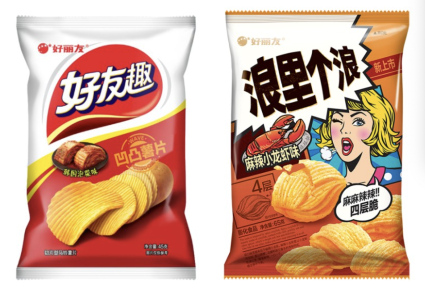 오리온이 중국에서 선보인 스윙칩 한국김치맛(왼쪽)과 꼬북침 마라롱샤맛 (사진=오리온 블로그)