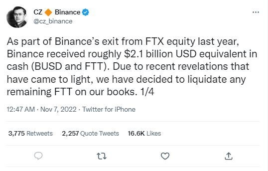 자오창펑 바이낸스 CEO 트위터. 