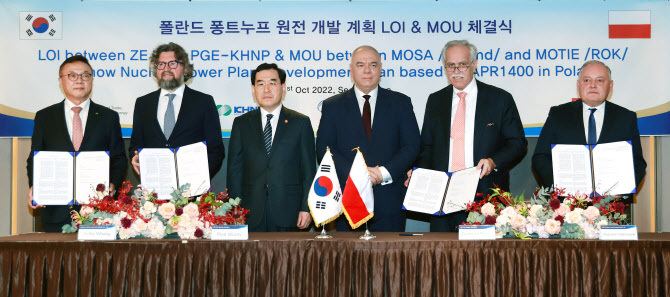 황주호 한국수력원자력 사장(왼쪽부터)과 표트르 보즈니 제팍(ZE PAK) 사장, 이창양 산업통상자원부 장관, 야체크 사신 폴란드 부총리 겸 국유재산부 장관, 지그문트 솔로쉬 제팍 회장, 보이치에흐 동브로프스키 폴란드전력공사(PGE) 사장이 지난달 31일 서울 더플라자호텔에서 열린 폴란드 퐁트누프 지역 민간 원자력발전소 개발계획 수립 협력의향서(LOI) 및 양해각서(MOU)를 맺은 후 기념촬영을 하는 모습. (사진=한국수력원자력)