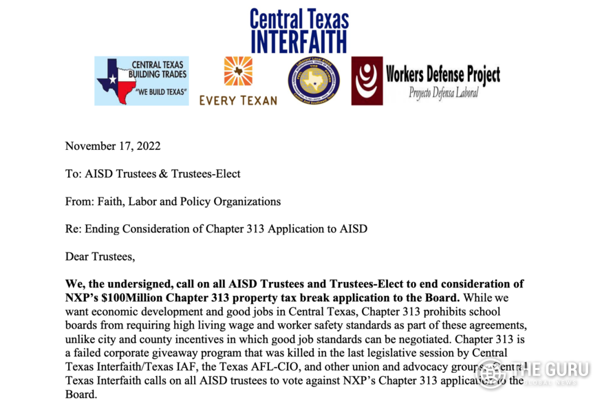 초당파 민간조직 '센트럴 텍사스 인터페이스(Central Texas Interfaith)'가 미국 텍사스주 독립 교육 지구 오스틴 ISD에 보낸 성명서. (사진=센트럴 텍사스 인터페이스)