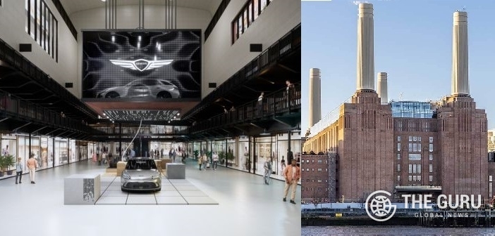 현대자동차 프리미엄 브랜드 제네시스가 영국 런던 템즈강변 '배터시 발전소'(Battersea power station)에 마련한 브랜드 팝업 스토어(왼쪽)과 건물 외관. (사진=제네시스)