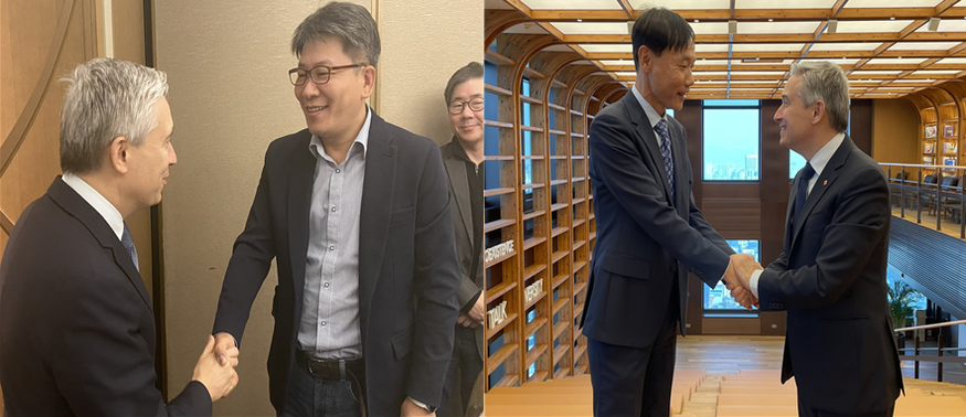 최근 방한한 프랑수와-필립 샴페인 캐나다 혁신과학경제개발부 장관이 김동명 LG에너지솔루션(왼쪽) 자동차전지사업부장 사장, 노재석 SKIET 대표와 만나 악수하는 모습. (사진=트위터)