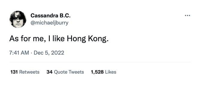 마이클 버리는 지난 5일(현지시간) 자신의 SNS에 "나는 홍콩을 좋아한다(As for me, I like Hong Kong)"라는 글을 올렸다. (사진=레딧 캡쳐)