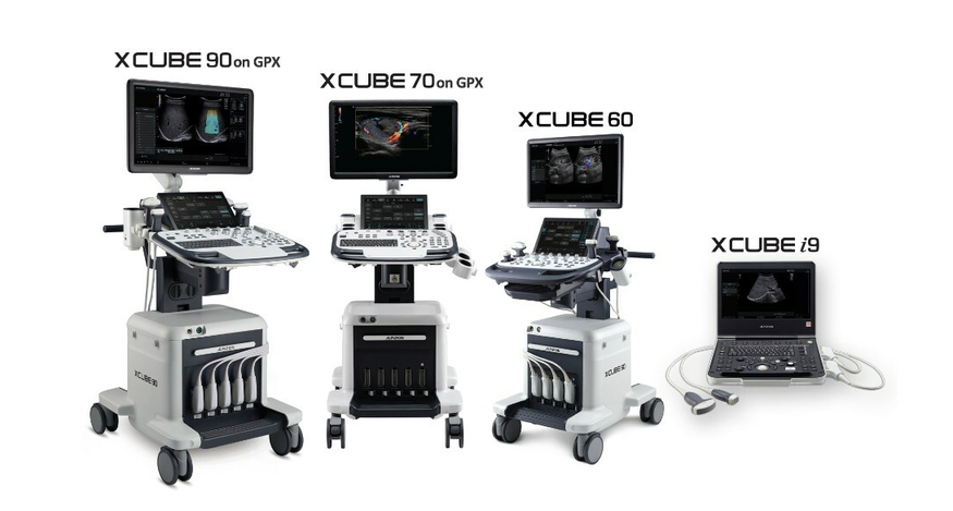 알피니언이 선보인 초음파 진단기기 X-CUBE 90 on GPX, X-CUBE 70 on GPX, X-CUBE 60, X-CUBE i9 (왼쪽부터) (사진=알피니언)