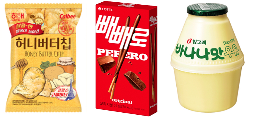 해테제과 허니버터칩, 롯데제과 빼빼로, 빙그레 바나나우유(왼쪽부터) (사진=각사 홈페이지)