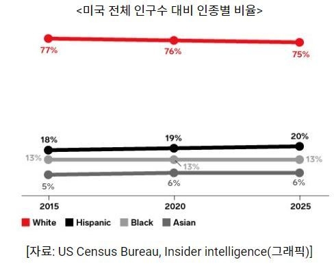 미국 전체 인구수 대비 인종별 비율 (그래프=코트라)