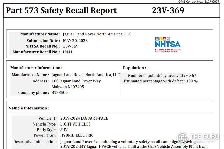 미국 도로교통안전국(NHTSA)은 지난달 30일(현지시간) 재규어랜드로버 ‘I-페이스'의 리콜 조치를 발표했다. (사진=NHTSA)