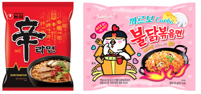 농심 신라면(좌)와 삼양식품 까르보불닭볶음면 (사진=각사)