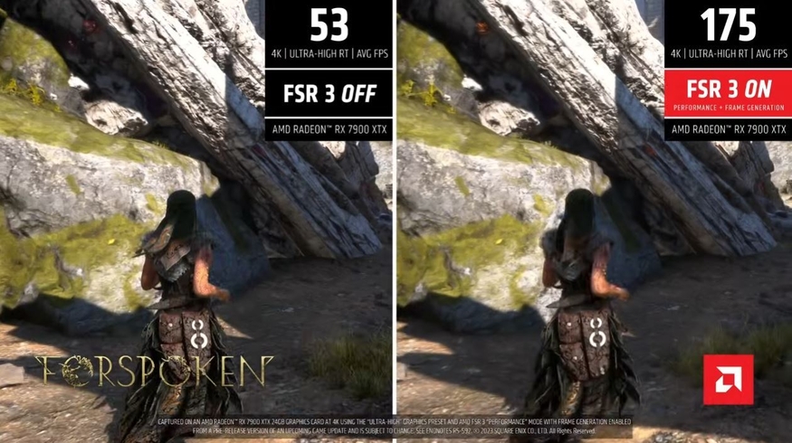 AMD FSR 기술 적용 소개 영상. 같은 설정에서 FSR을 작동하면 프레임이 175까지 올라간다고 설명했다. (사진=AMD 유튜브)