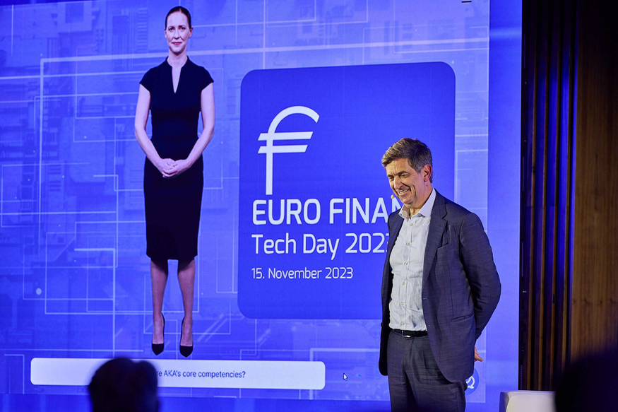 AKA방크는 지난 15일 독일 프랑크푸르트에서 열린 '유로 파이낸스 테크 데이 2023(Euro Finance Tech Day 2023)'에서 딥브레인AI와 협력해 AI 휴먼 기술을 선보였다. (사진=AKA방크)