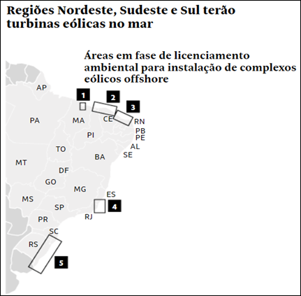 브라질 북동부, 남동부 및 남부 지역에서 건설 중인 해상 풍력 단지. (사진=Folha de Sao Paulo)