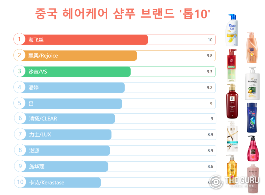 중국 10대 샴푸 브랜드 조사에서 려가 5위를 차지했다. 