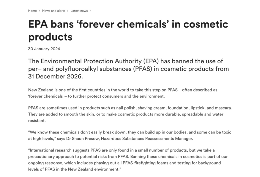 뉴질랜드 정부는 영구화학물질(PFAS) 포함 화장품 퇴출 계획을 발표했다. (사진=뉴질랜드 EPA)