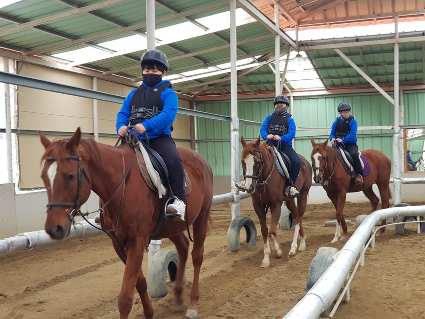 아이들이 말과 함께하는 농촌체험 사회공헌 사업인 'Horse & Farm Tour! 마·농(馬·農) 문화체험을 즐기고 있다. (사진=마사회)