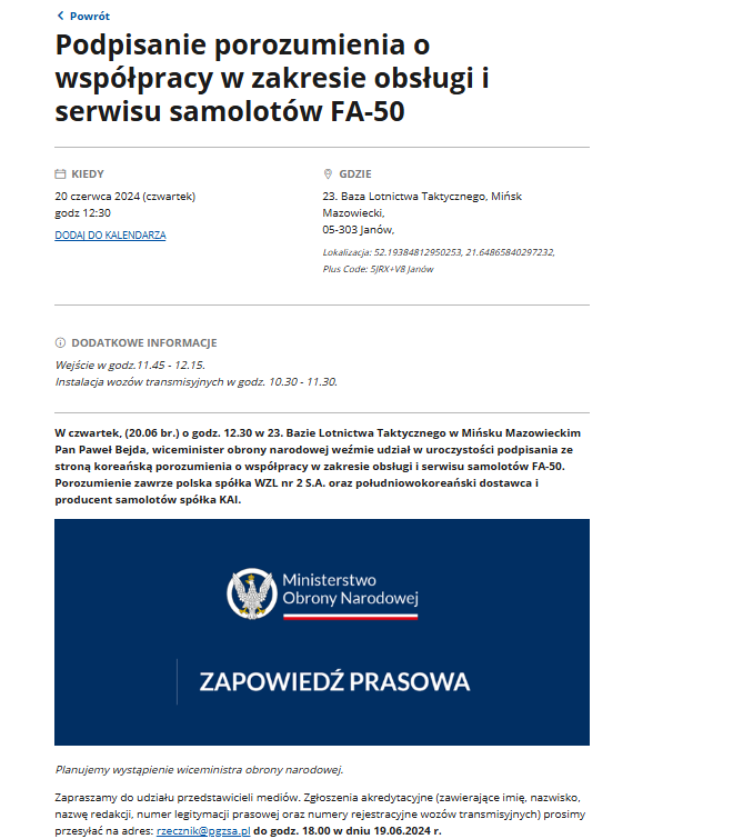폴란드 국방부가 한국항공우주산업(KAI)과 제2 군용항공공장(Wojskowe Zakłady Lotnicze nr 2)의 FA-50 후속 지원 협력합의서(TA) 체결식을 알렸다. (사진=폴란드 국방부)