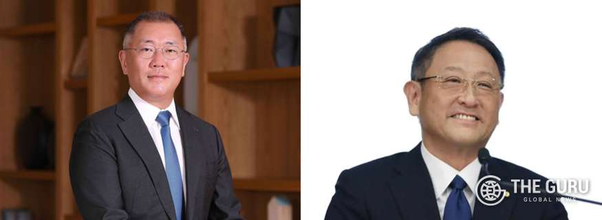 정의선 현대자동차그룹 회장(왼쪽)과 도요타 아키오 토요타 회장.