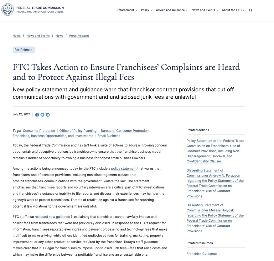 미국 FTC는 가맹본사의 불공정 가맹거래 행위를 막기 위한 지침을 발표했다. (사진=FTC)