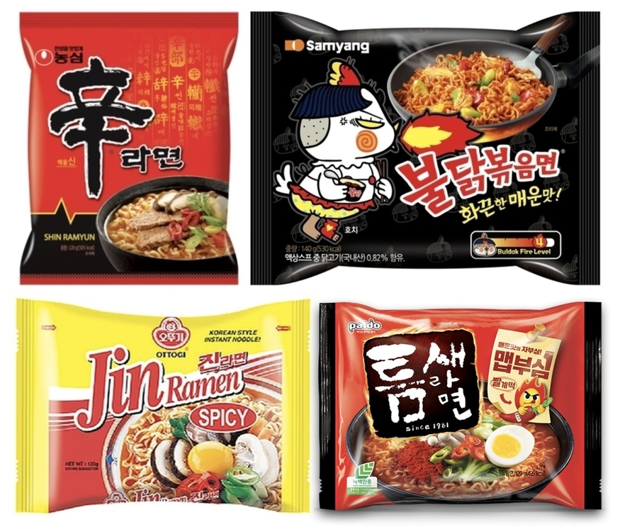 농심 신라면, 삼양식품 불닭볶음면, 팔도 틈새라면 빨계떡, 오뚜기 진라면 매운맛. (왼쪽 위부터 시계방향으로) (사진=각사)