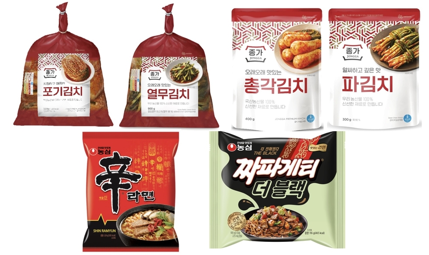 대상이 출시한 다양한 종가 브랜드 김치 제품(윗줄)과 농심 라면 제품들. (사진=각사)